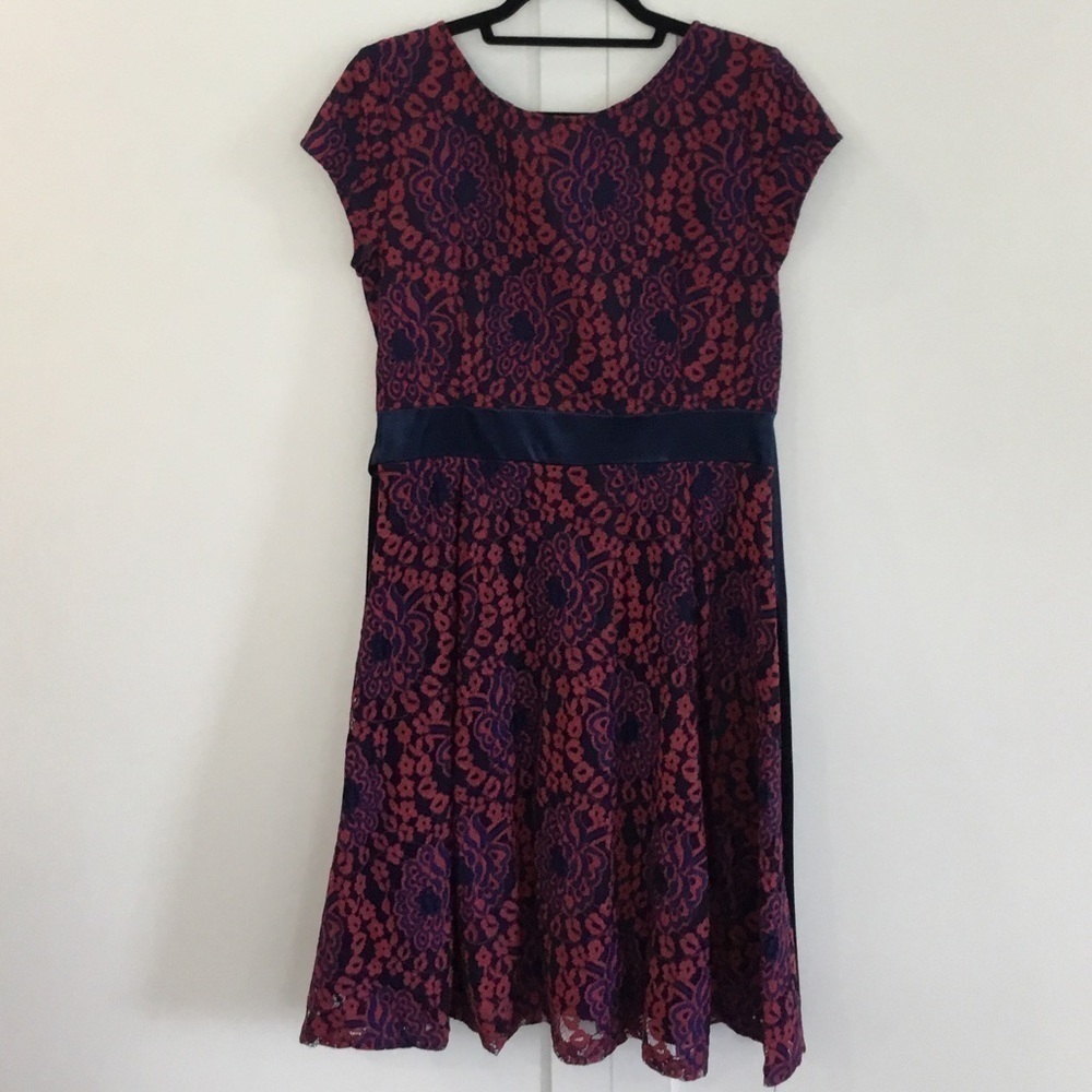 (2) N - Miusol, Red and Blue Lace dress with attached Belt Size L